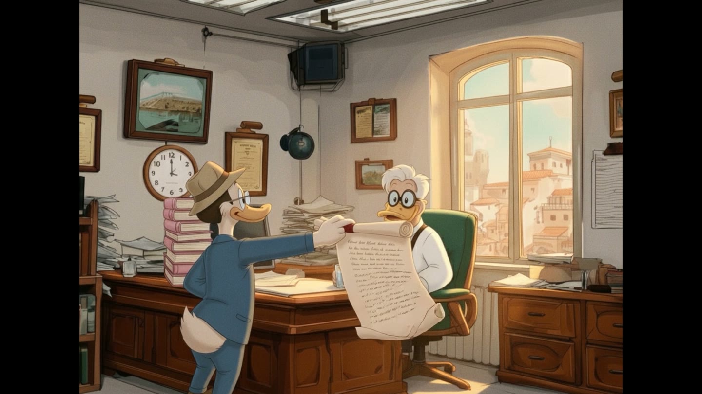 Two DUCKS characters performing a scene across an office desk