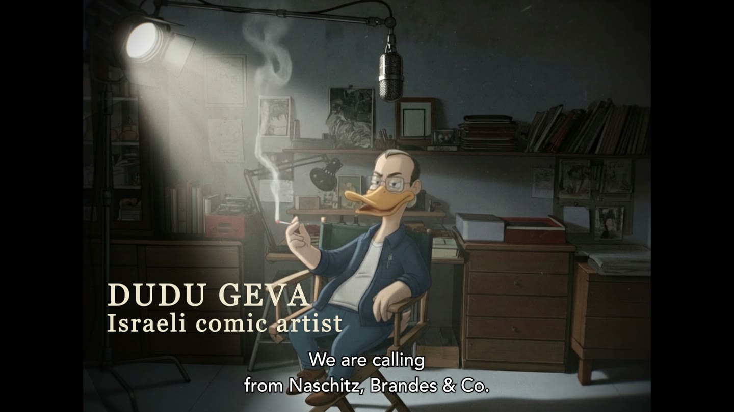 DUCKS interview scene with the character listening in a studio