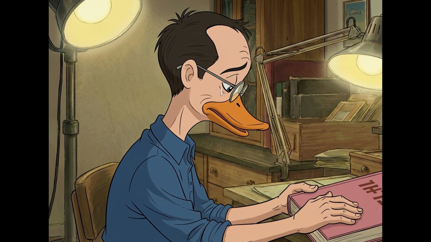 The character at his drawing desk in the finished DUCKS film