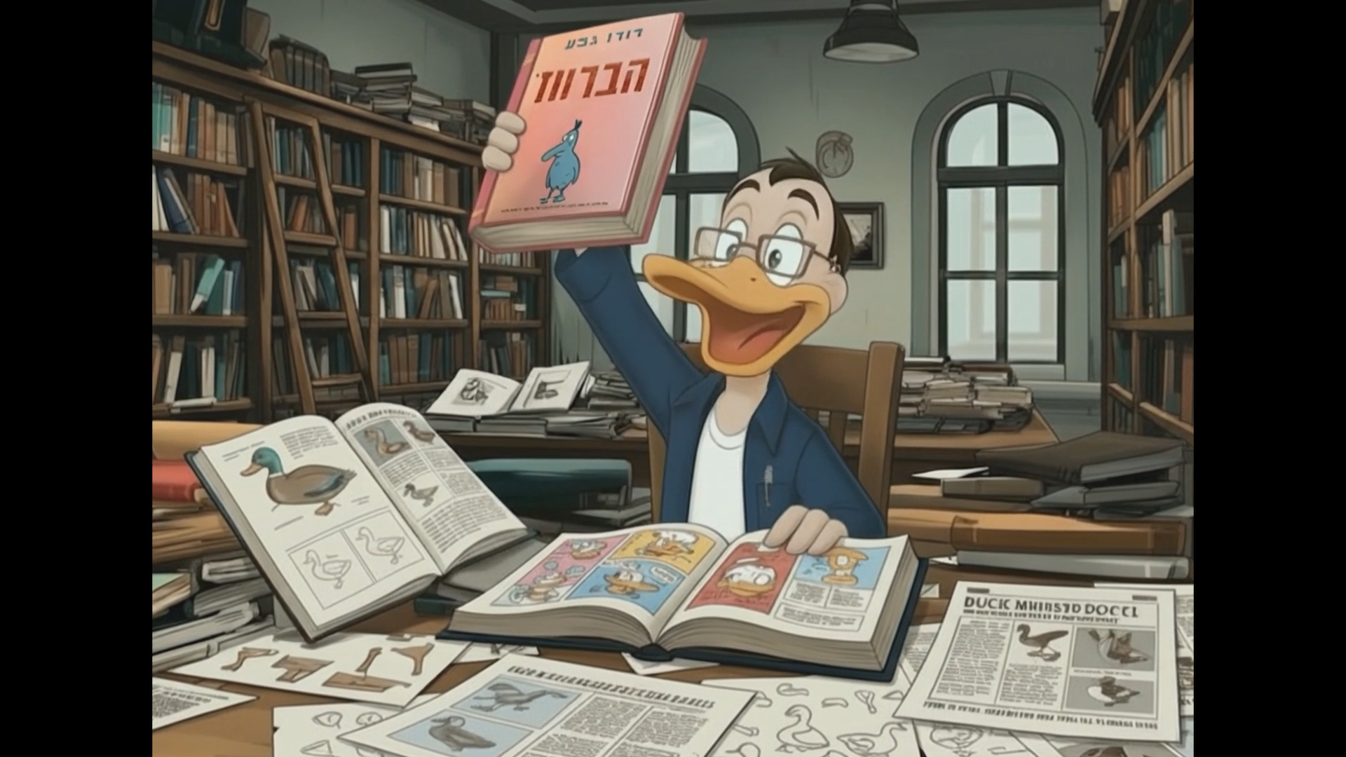 Duck character researching in a library