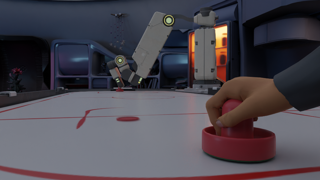Air hockey interaction with a robotic opponent in Winterover