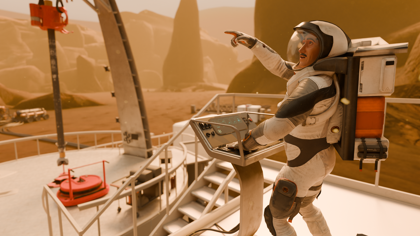 Astronaut operating a Mars exploration console in Winterover